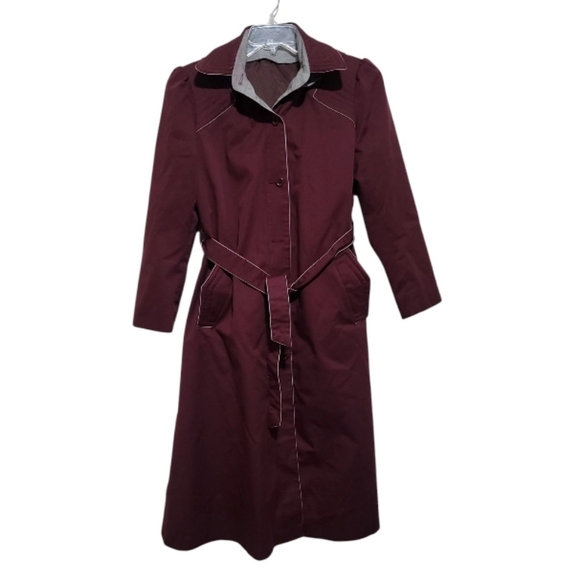 Windsor Bay Womens Vintage Red Burgundy Hooded Belted Trench Coat Size 10 - Picture 1 of 8